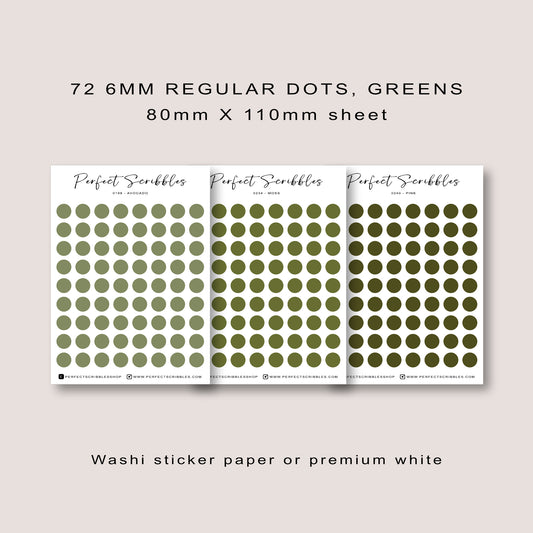 GREEN Colours Regular Dot Planner Stickers – 72 Minimal Matte Dots (6 mm) on 80×110 mm Sheet | Transparent, washi or Premium Matte – Perfect for Hobonichi, Stalogy & Common Planner