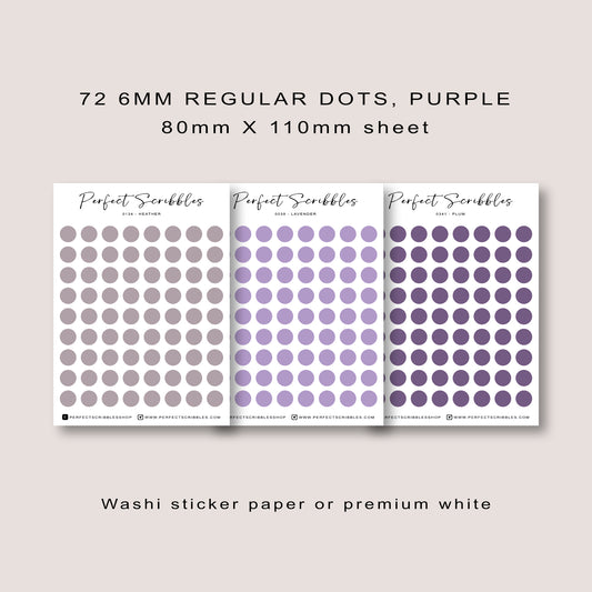 PURPLE Colours Regular Dot Planner Stickers – 72 Minimal Matte Dots (6 mm)