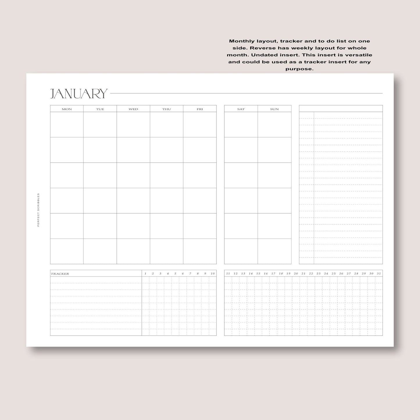 A6 | Full year of Monthly foldout inserts with tracker and weeks on reverse | Ring planner insert | Tracker insert | Digital download