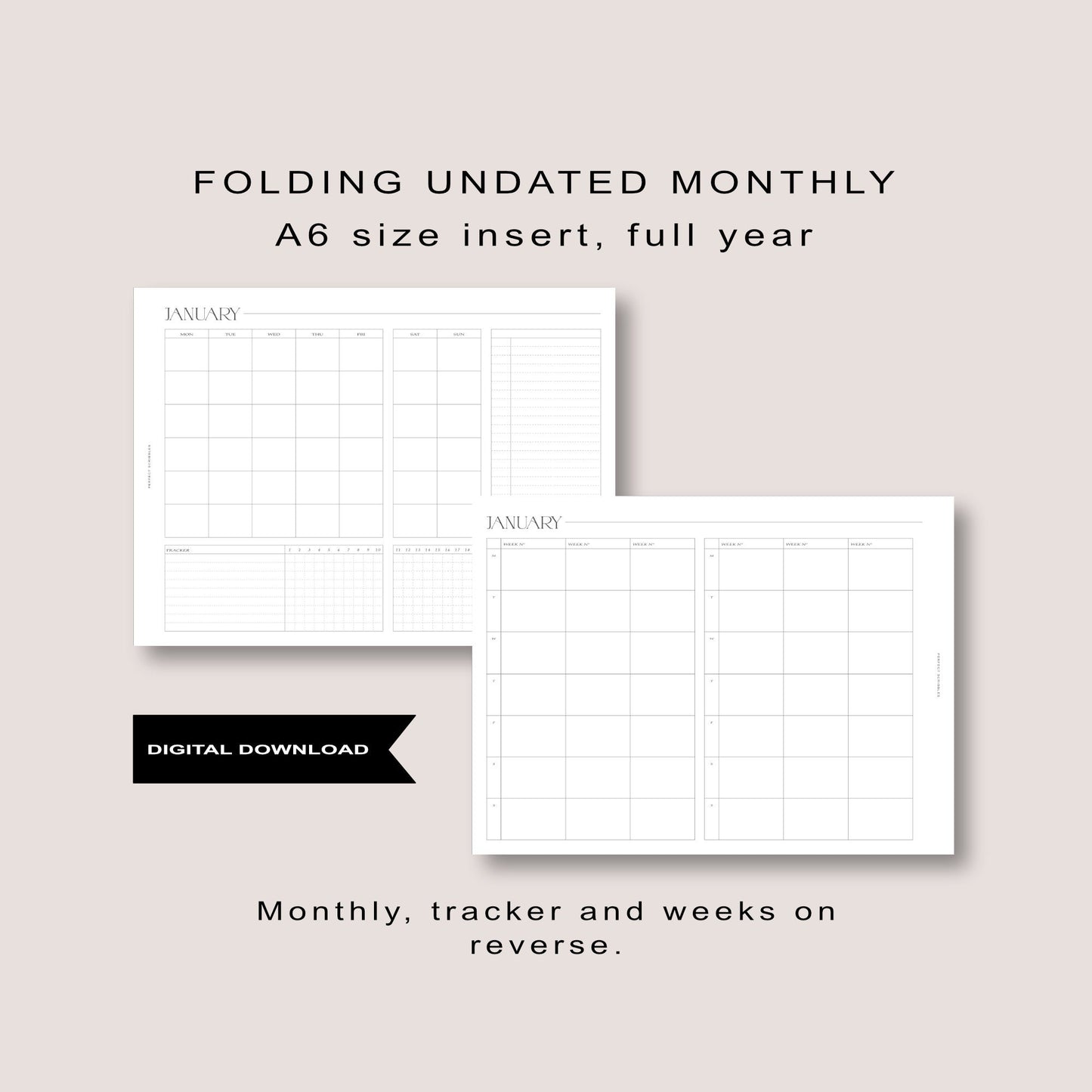 A6 | Full year of Monthly foldout inserts with tracker and weeks on reverse | Ring planner insert | Tracker insert | Digital download