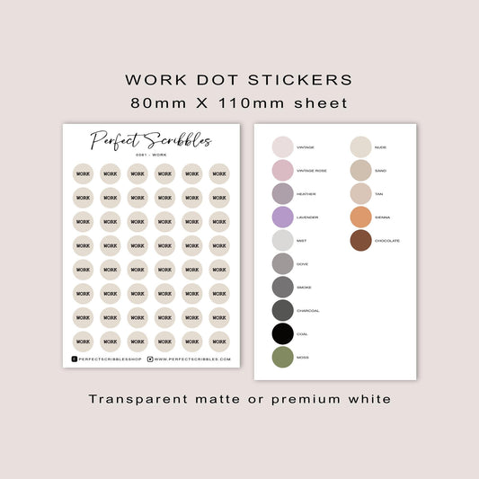 WORK dot stickers | Minimal | Transparent matte | Premium matte white | Stalogy, Hobonichi | Common planner