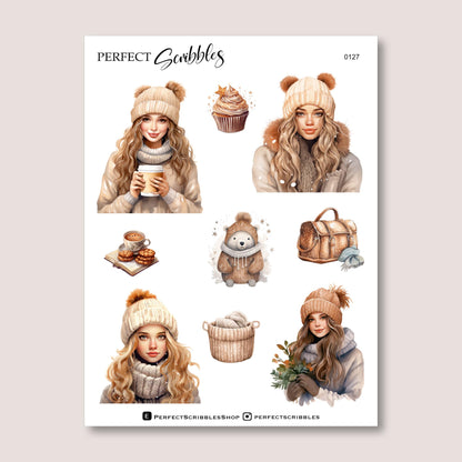 Winter girls | Transparent matte stickers | Brown shades | Hobonichi Stalogy Common planner| UK based seller