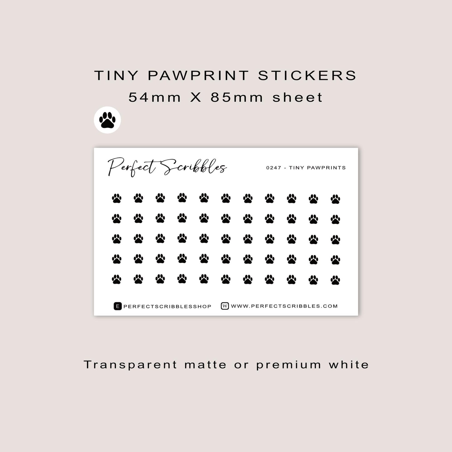 Tiny Paw Prints icon stickers | Minimal | Credit card size sheet | Transparent matte