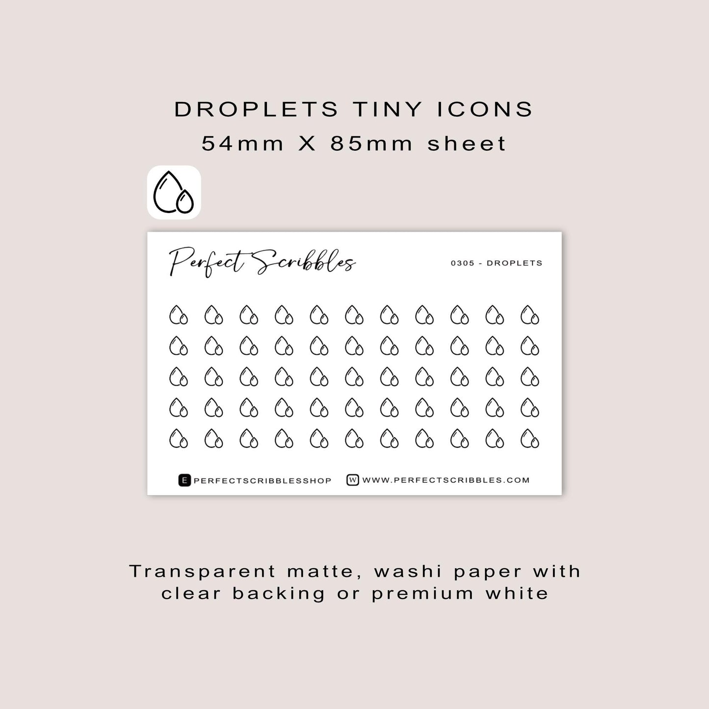 DROPLETS tiny icon stickers | Minimal | Credit card size sheet | Transparent matte | Washi