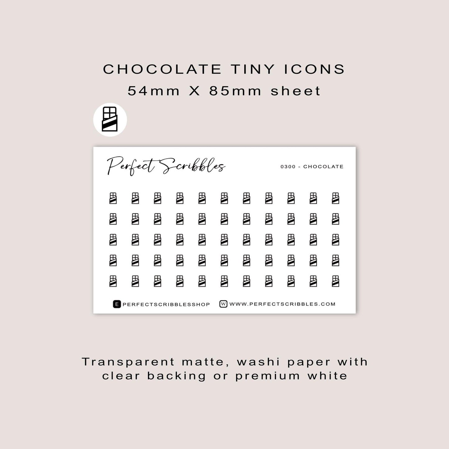 CHOCOLATE tiny icon stickers | Minimal | Credit card size sheet | Transparent matte | Washi