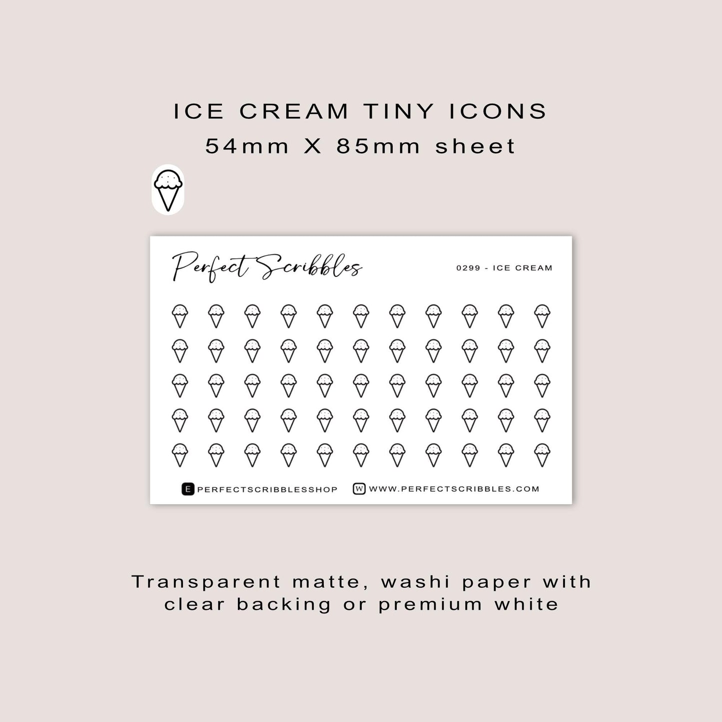 ICE CREAM tiny icon stickers | Minimal | Credit card size sheet | Transparent matte | Washi