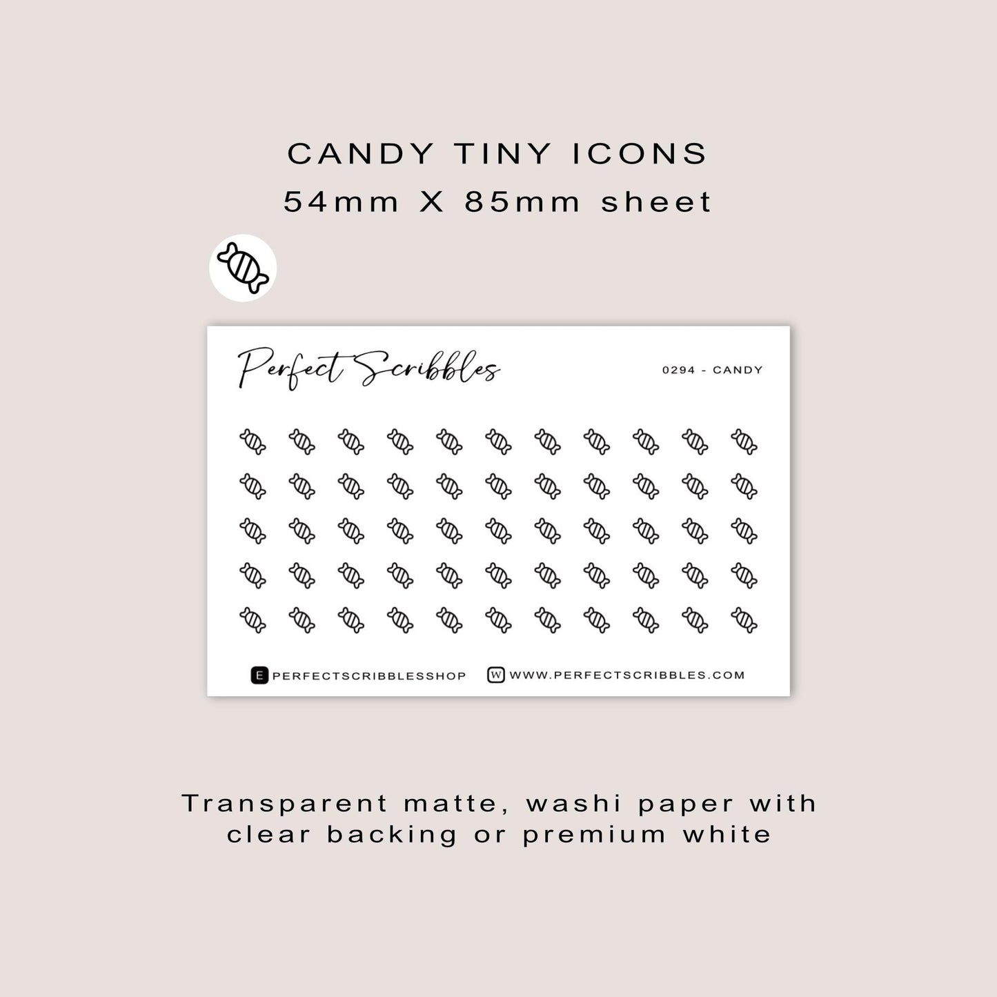 CANDY tiny icon stickers | Minimal | Credit card size sheet | Transparent matte | Washi