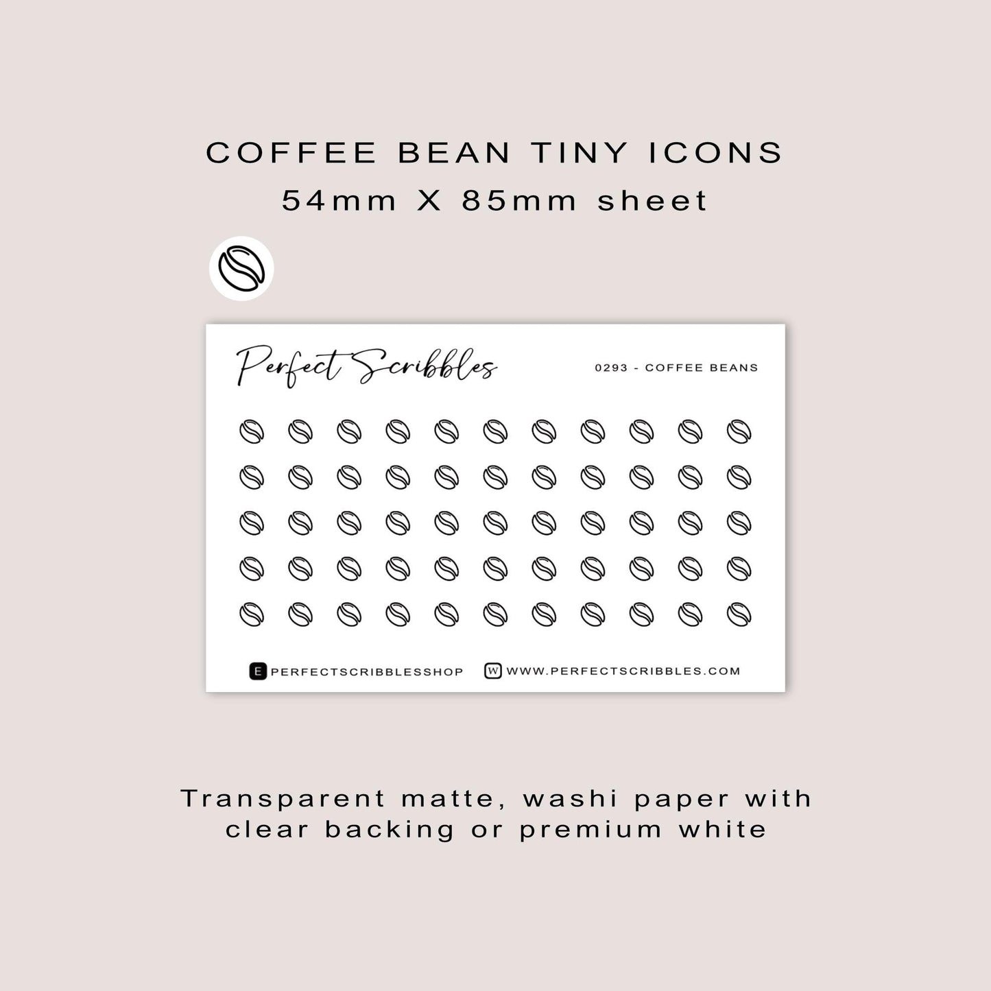 COFFEE BEAN tiny icon stickers | Minimal | Credit card size sheet | Transparent matte | Washi