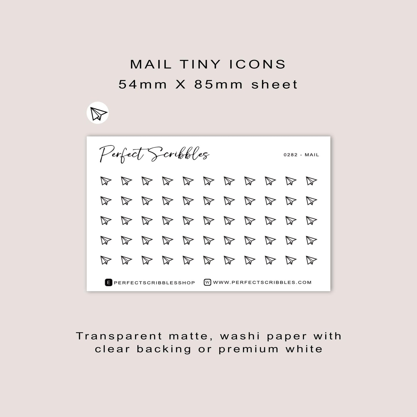 MAIL tiny icon stickers | Minimal | Credit card size sheet | Transparent matte | Washi