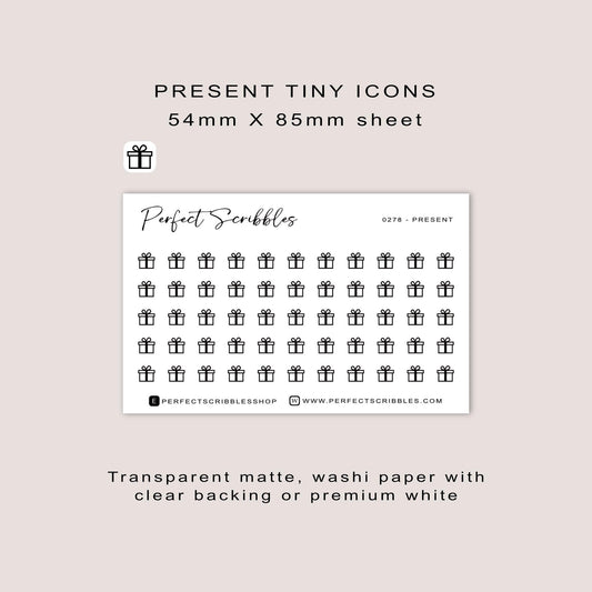 PRESENT tiny icon stickers | Minimal | Credit card size sheet | Transparent matte | Washi