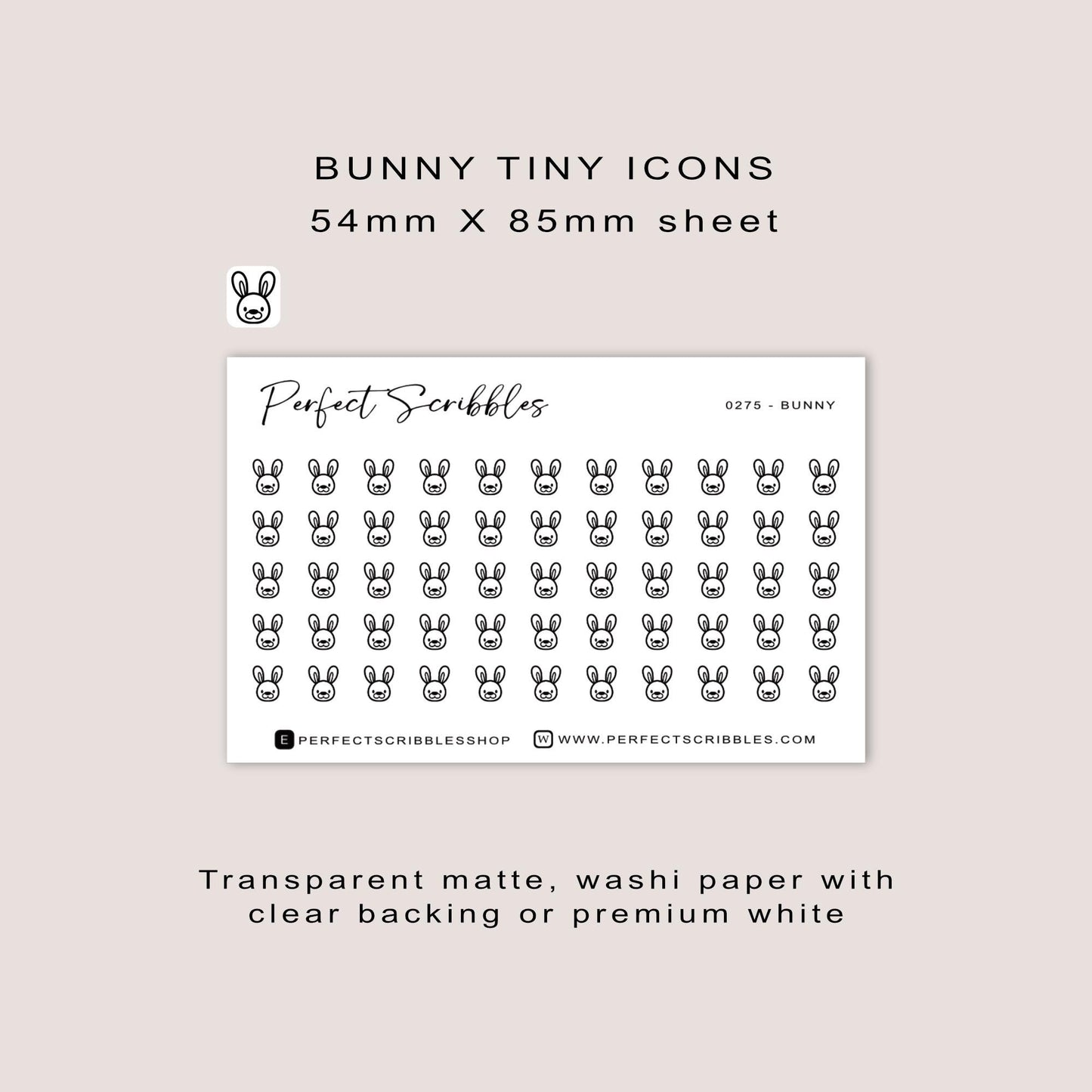 BUNNY tiny icon stickers | Minimal | Credit card size sheet | Transparent matte | Washi