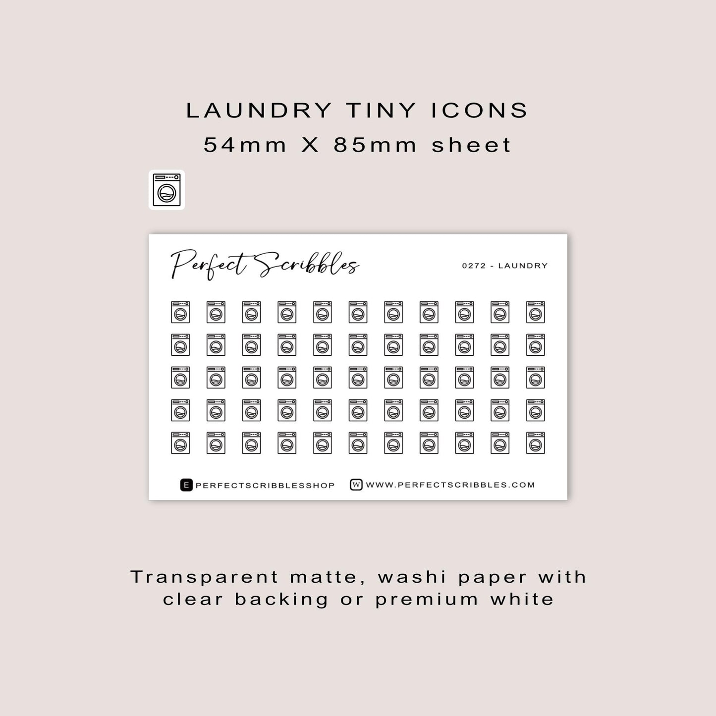 LAUNDRY tiny icon stickers | Minimal | Credit card size sheet | Transparent matte | Washi