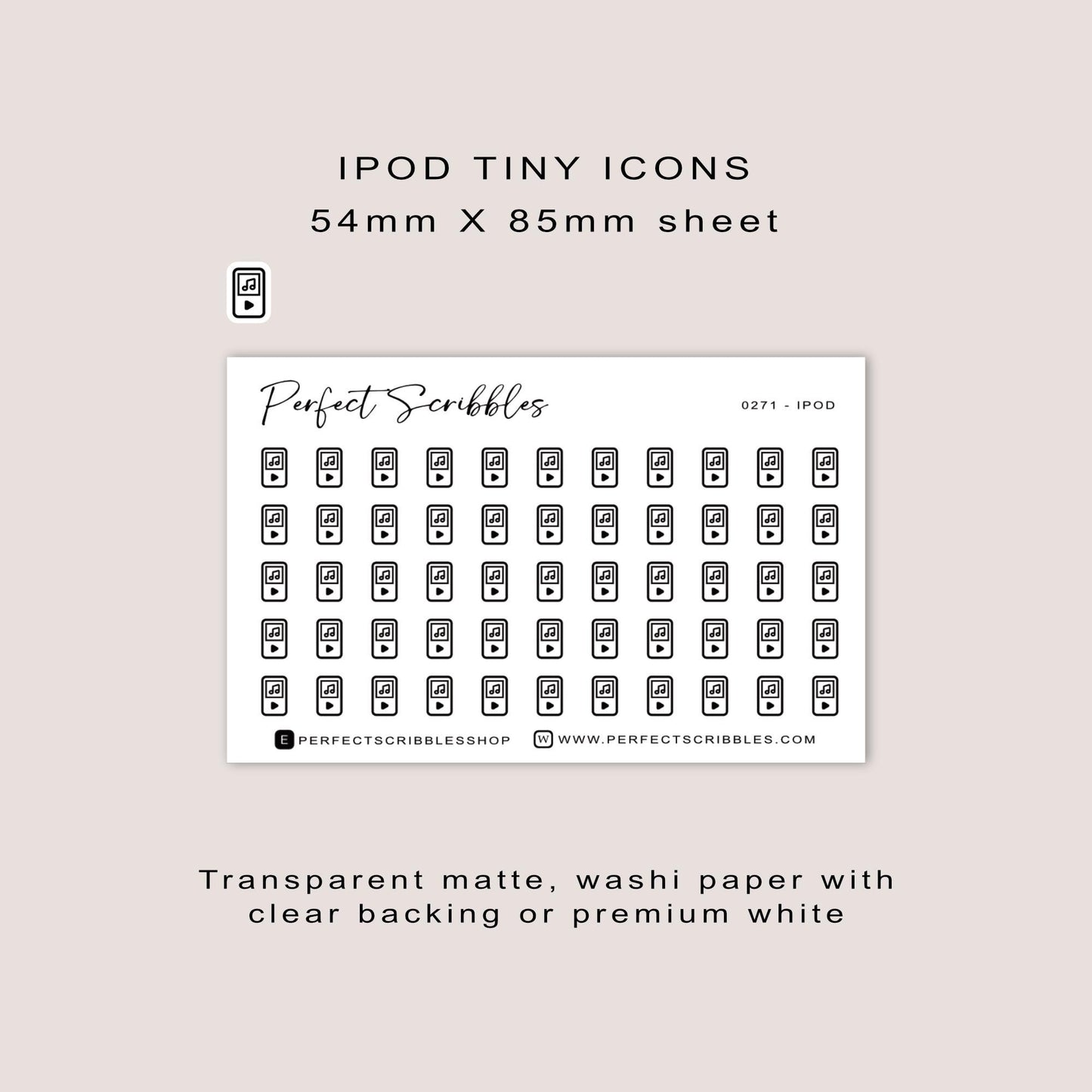 IPOD tiny icon stickers | Minimal | Credit card size sheet | Transparent matte | Washi