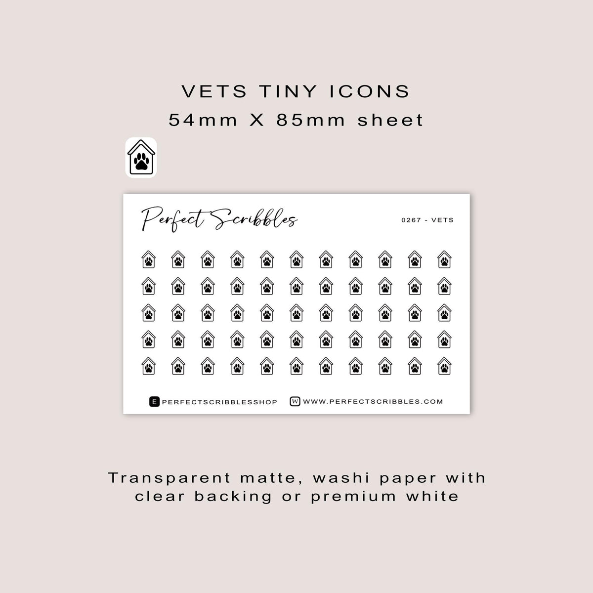 VETS tiny icon planner stickers | Minimal | Credit card size sheet | Transparent matte | Washi