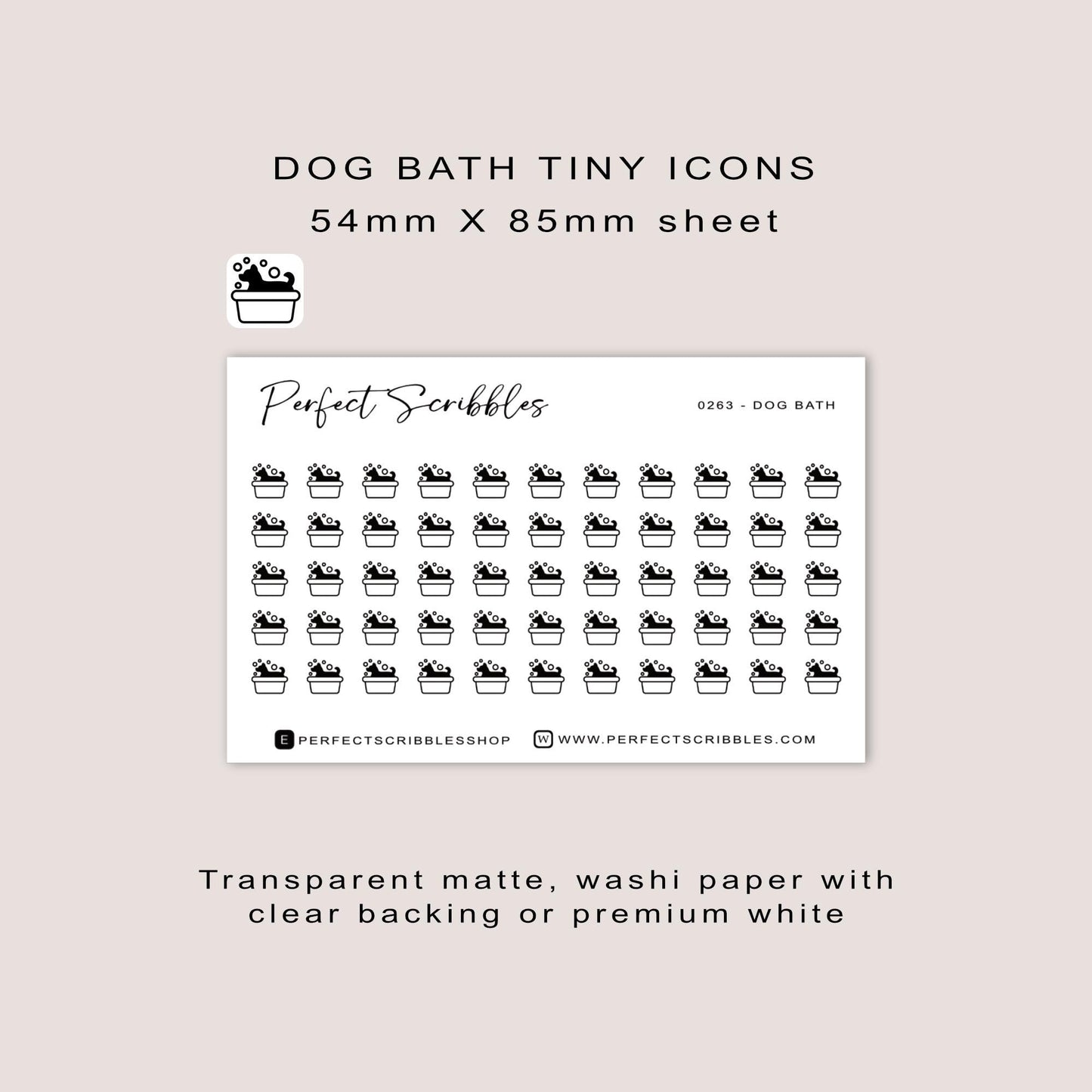 DOG BATH tiny icon stickers | Minimal | Credit card size sheet | Transparent matte | Washi