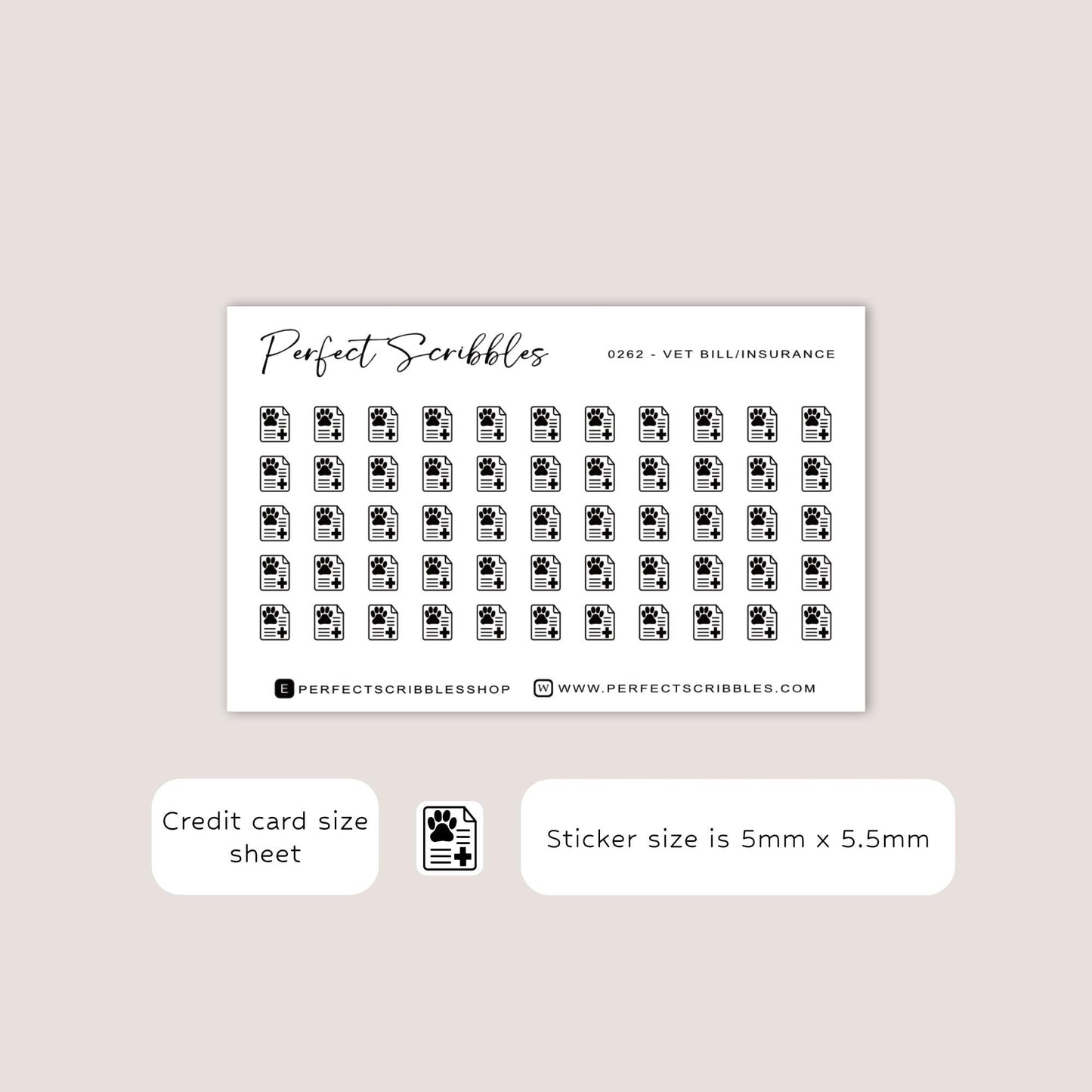 VET BILL / INSURANCE tiny icon stickers | Minimal | Credit card size sheet | Transparent matte | Washi