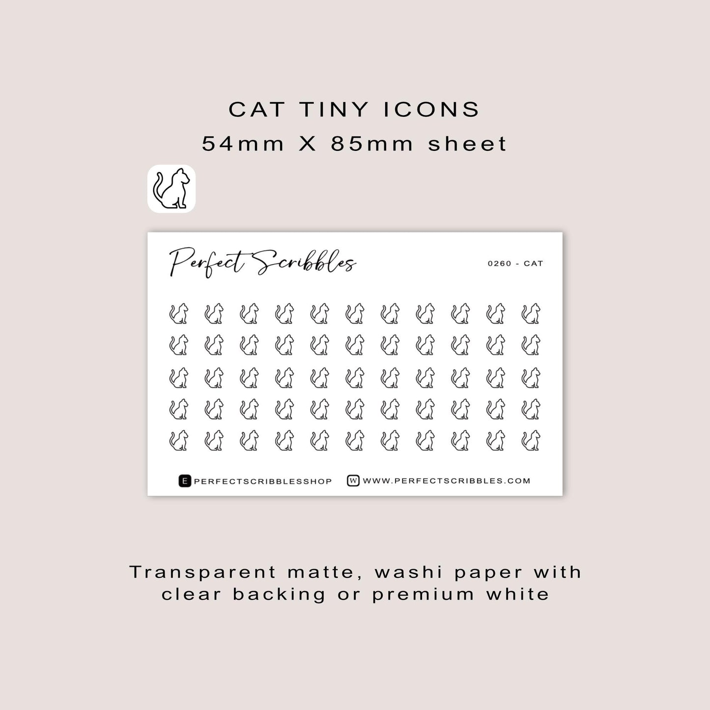 CAT tiny icon stickers | Minimal | Credit card size sheet | Transparent matte | Washi