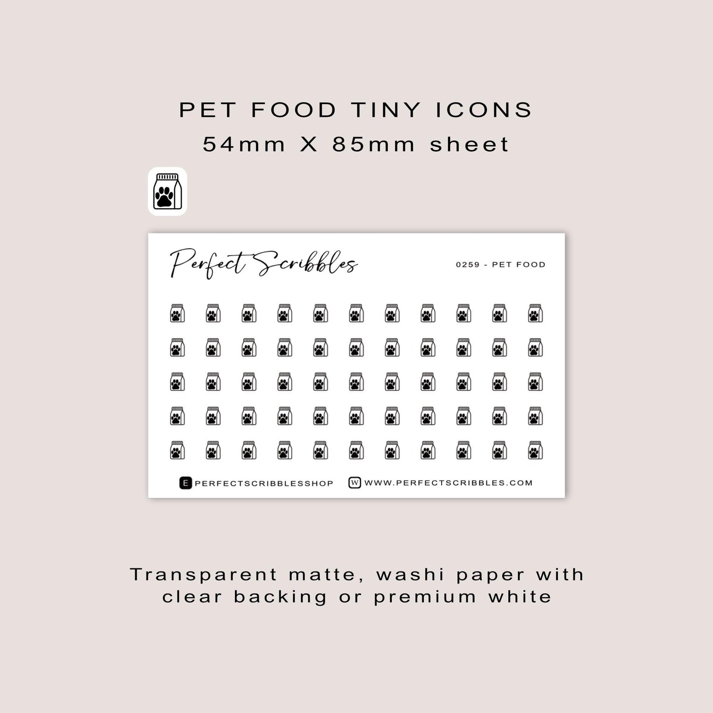 PET FOOD tiny icon stickers | Minimal | Credit card size sheet | Transparent matte | Washi