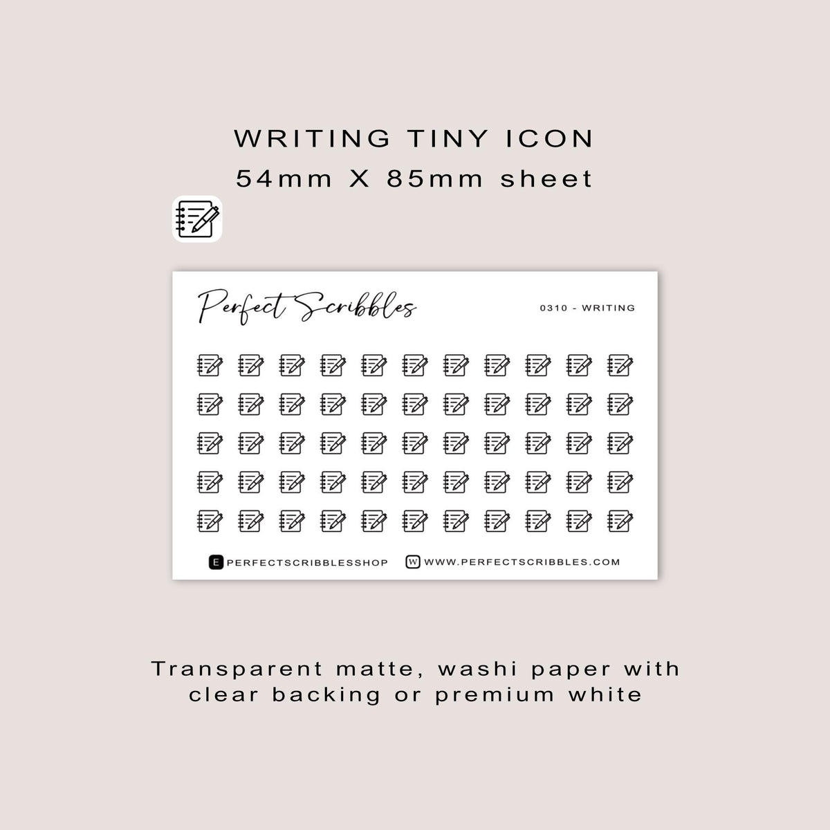 WRITING tiny icon planner stickers | Minimal | Credit card size sheet