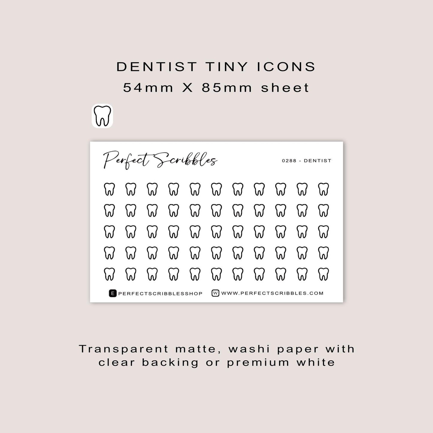 DENTIST tiny icon stickers | Minimal | Credit card size sheet | Transparent matte | Washi