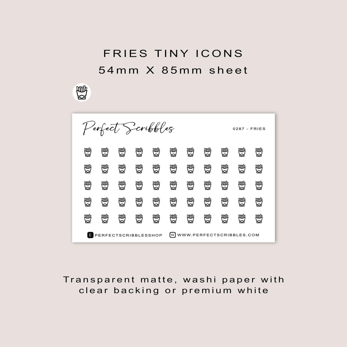 FRIES tiny icon stickers | Minimal | Credit card size sheet | Transparent matte | Washi