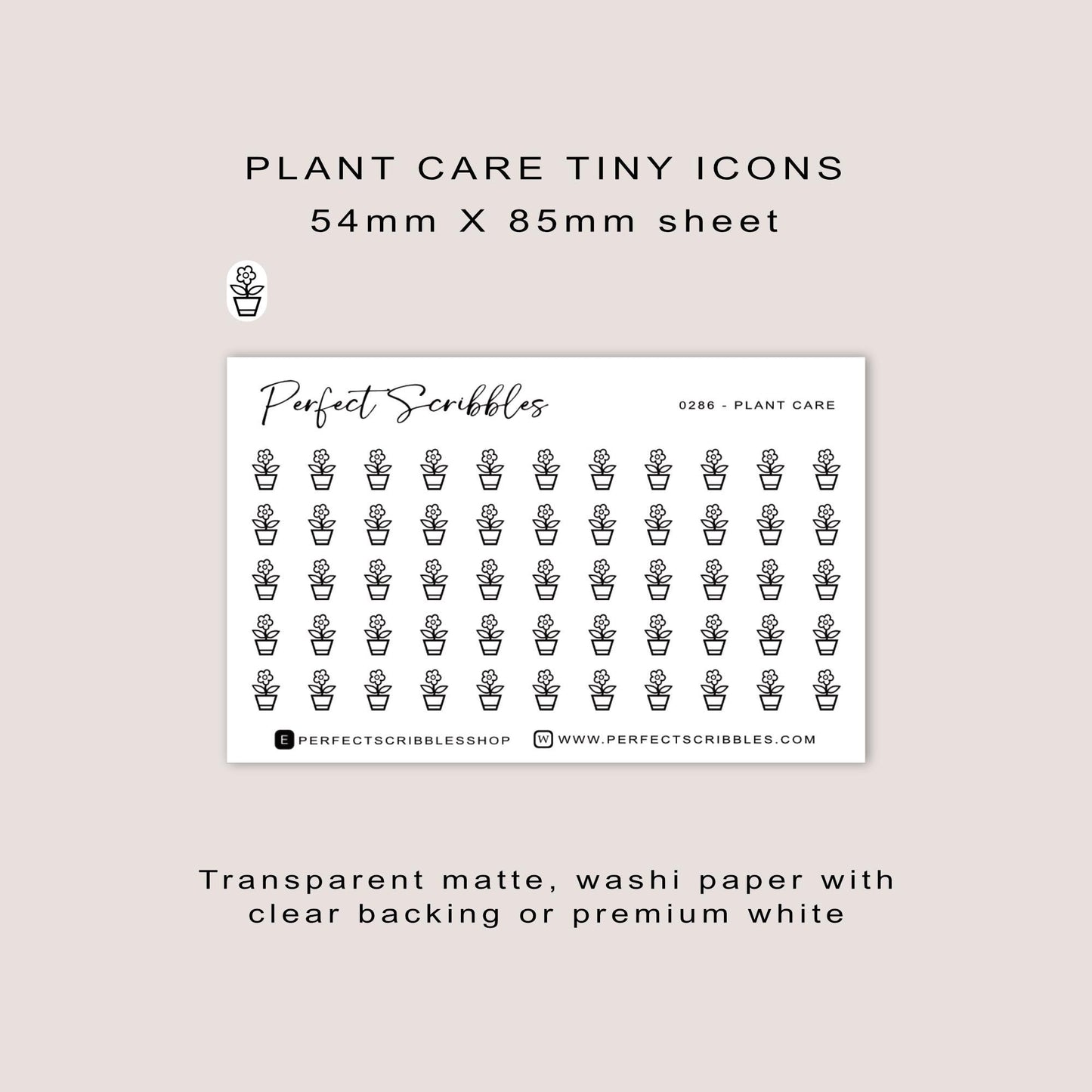 PLANT CARE tiny icon stickers | Minimal | Credit card size sheet | Transparent matte | Washi