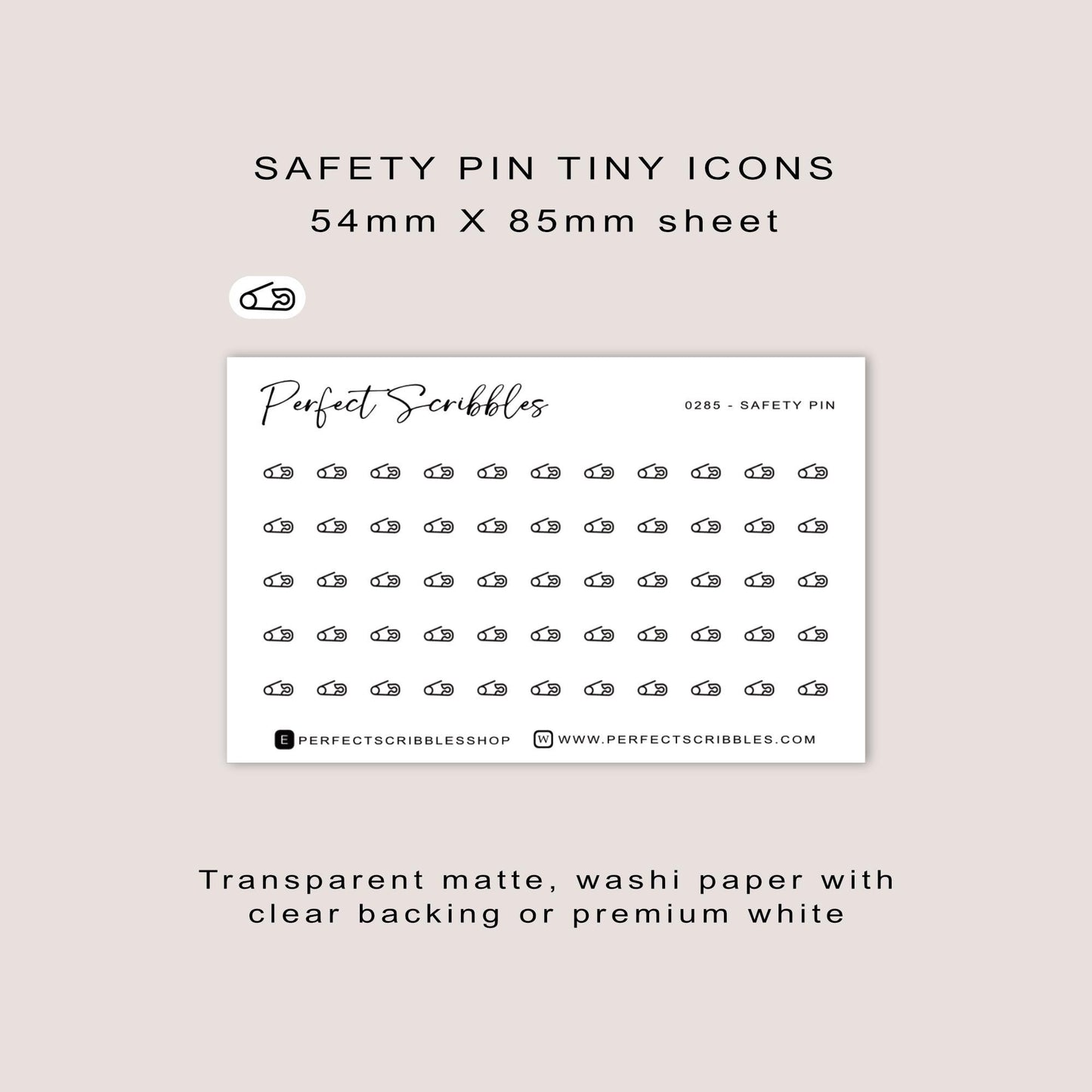 SAFETY PIN tiny icon stickers | Minimal | Credit card size sheet | Transparent matte | Washi