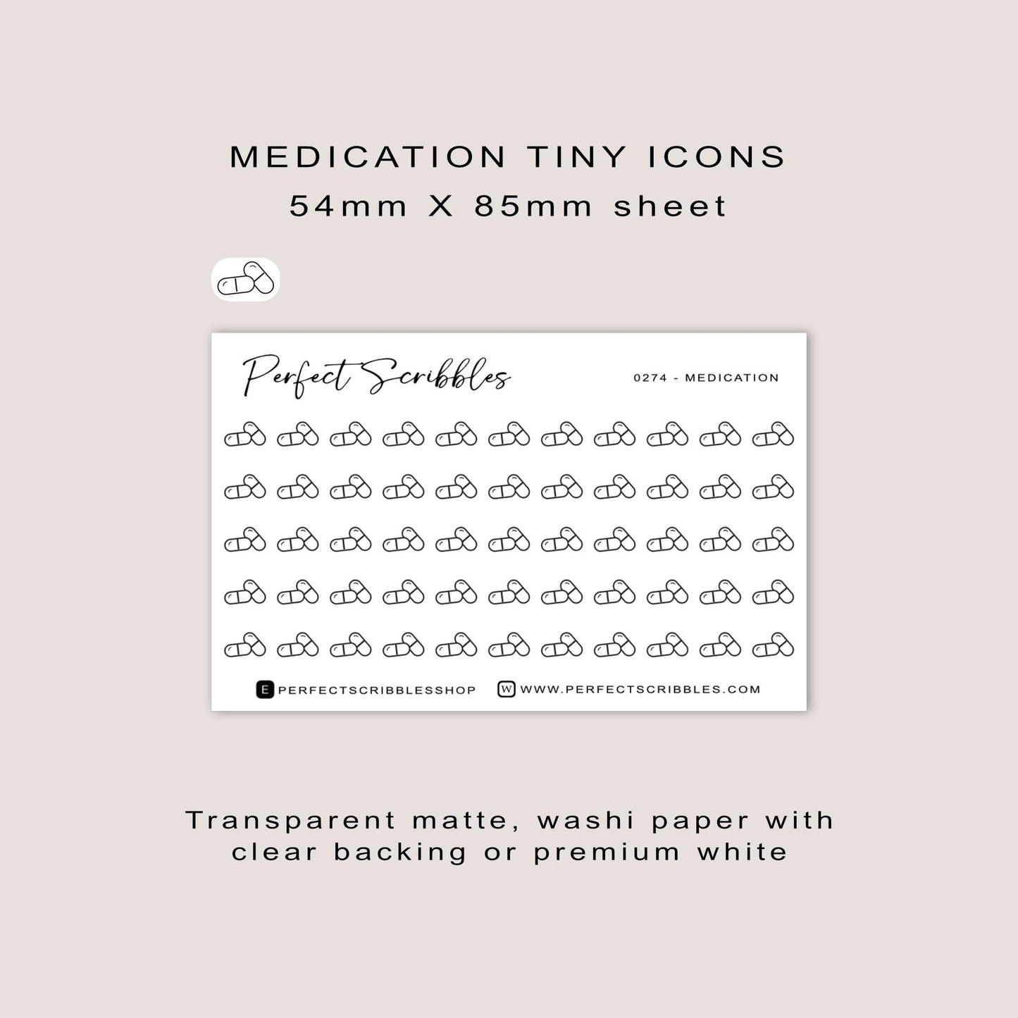 MEDICATION tiny icon stickers | Minimal | Credit card size sheet | Transparent matte | Washi