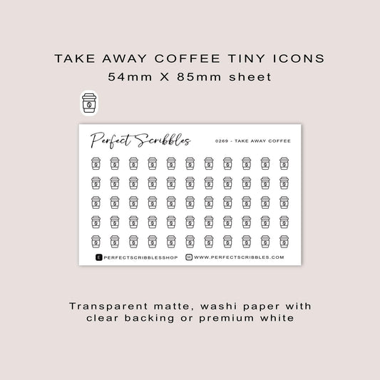 TAKE AWAY COFFEE tiny icon stickers | Minimal | Credit card size sheet | Transparent matte | Washi