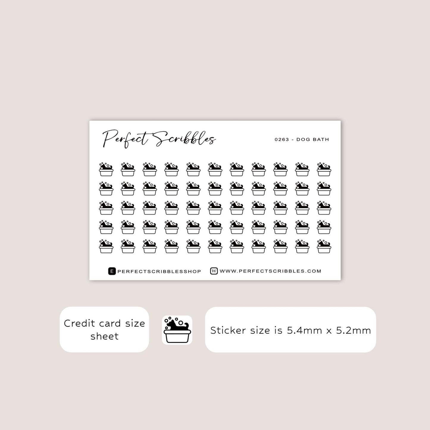 DOG BATH tiny icon stickers | Minimal | Credit card size sheet | Transparent matte | Washi