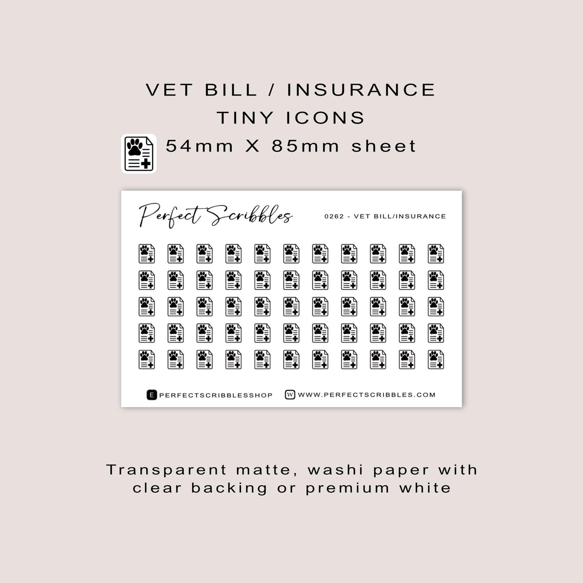 VET BILL / INSURANCE tiny icon planner stickers | Minimal | Credit card size sheet | Transparent matte | Washi