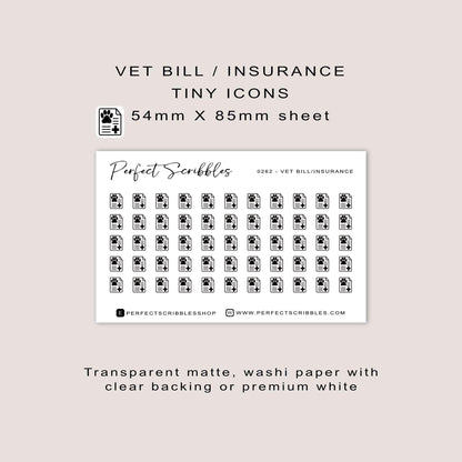 VET BILL / INSURANCE tiny icon planner stickers | Minimal | Credit card size sheet | Transparent matte | Washi