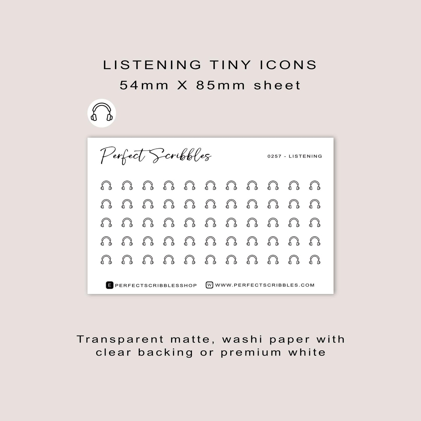 LISTENING tiny icon stickers | Minimal | Credit card size sheet | Transparent matte | Washi