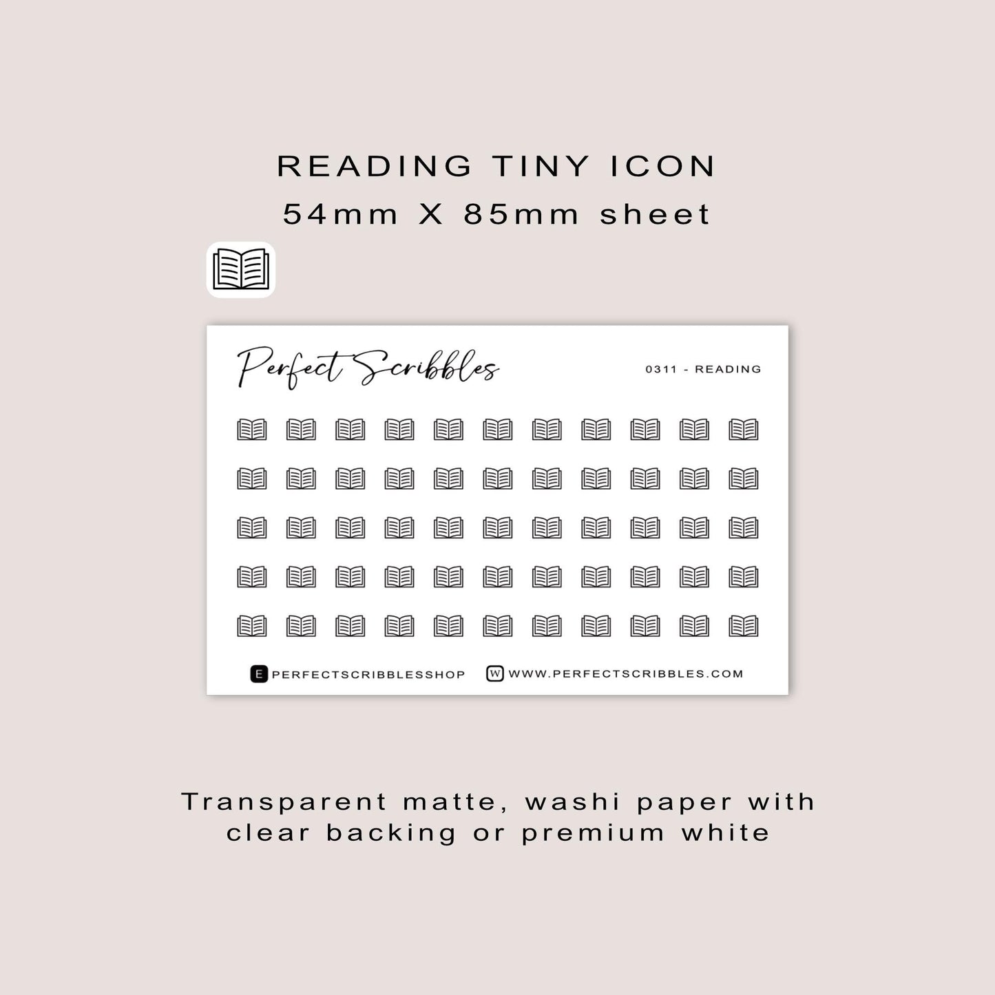 READING tiny icon stickers | Minimal | Credit card size sheet | Transparent matte | Washi