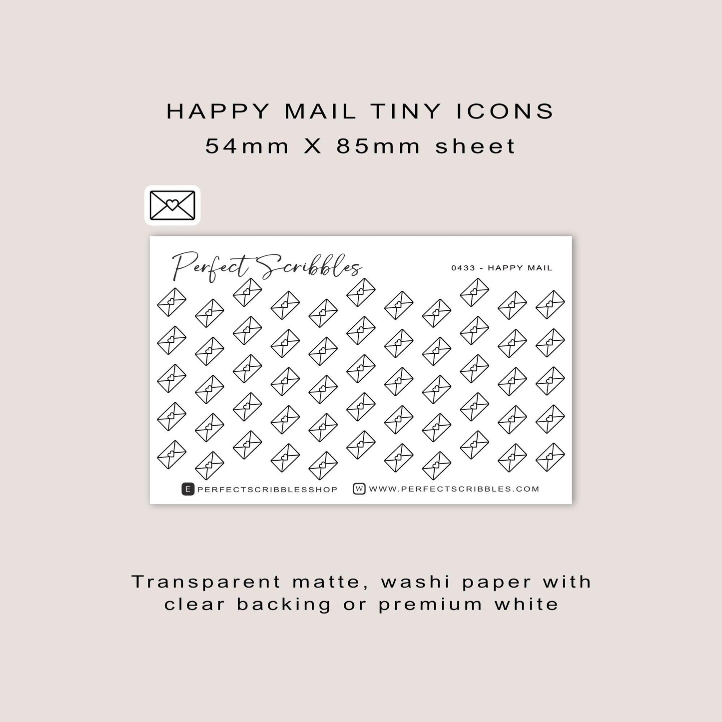 HAPPY MAIL tiny icon planner stickers | Minimal | Credit card size sheet | Transparent matte | Washi