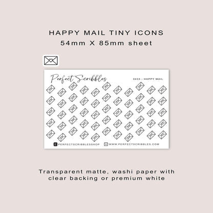 HAPPY MAIL tiny icon planner stickers | Minimal | Credit card size sheet | Transparent matte | Washi